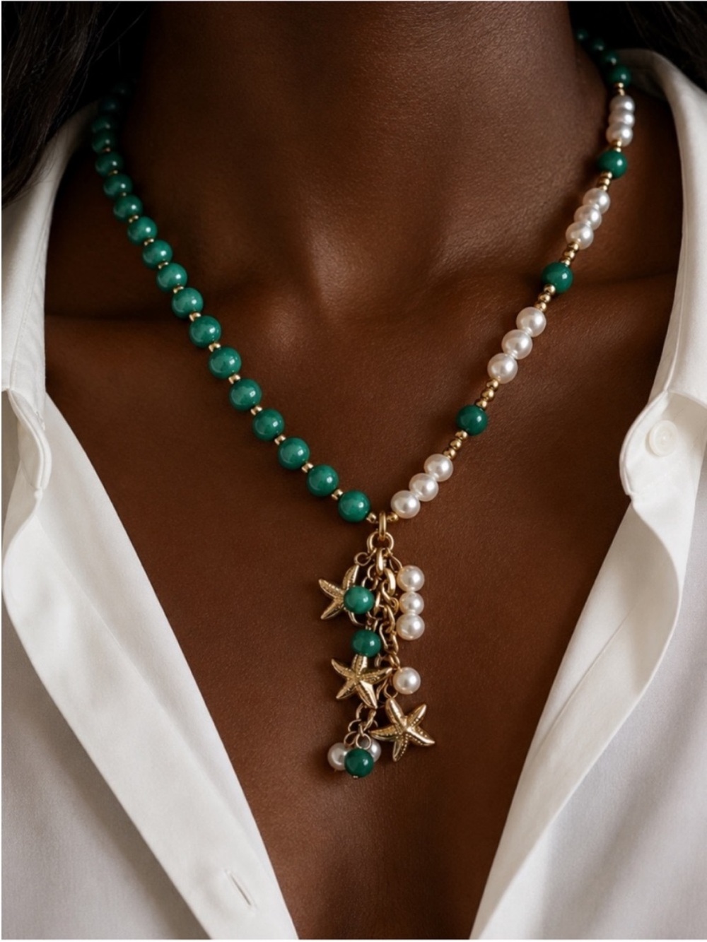 New! Coastal Green Beaded Pearl Starfish Necklace NWOT 3029